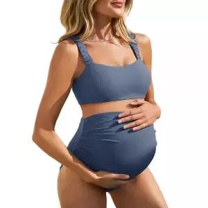 Summer Mae Ribbed Maternity Bikini Swimsuit 여성용 High Waisted Two-Piece Bathing Suit Crop Top Preg