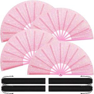 블루루 4개 13인치 대형 접이식 손 선풍기 벌크 자이언트 박수치기 라인 댄싱 페스티벌 파티 장식용 (글리터 핑크, 시크 스타일)