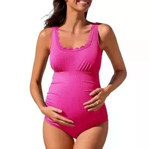 Summer Mae Ribbed Maternity One Piece Swimsuit Scalloped Cut Out Pregnancy Bathing Suit Square Neck