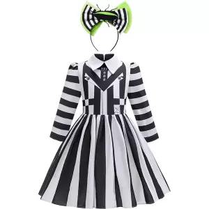 소녀 할로윈 의상  머리띠와 흑백 줄무늬 드레스 소녀 카니발 영화 역할 놀이 긴 소매 공주 드레스