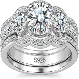 WES 모이사나이트 브라이덜 링 세트 - 925 스털링 실버 D 컬러 VVS1 클리어런스 스태커블 총 1.6ct 3 스톤