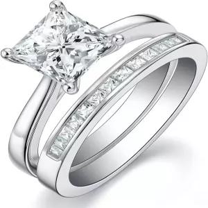 여성 프린세스 컷 약혼 반지 화이트 골드 도금 실버 5-10을 위한 SHELLOVES 모이사나이트 웨딩 링 세트