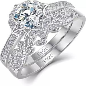 WES 1CT 모이사나이트 브라이덜 링 세트 - 925 스털링 실버 스태커블 D 컬러 VVS1 올리브 디자인 약혼