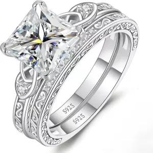 아베콘 3CT 프린세스 컷 모이사나이트 웨딩 브라이덜 링 세트 여성용 셀틱 매듭 D 컬러 VVS1 약혼 약속