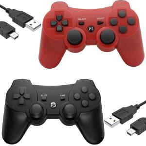 PS3용 이글로어 무선 컨트롤러 2팩, 충전 케이블이 있는 듀얼 아날로그 블루투스 충전식 게임 컨트롤러, 듀얼 진동 - 빨간색과 검은색