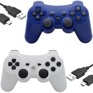 PS3용 이글로어 무선 컨트롤러 2팩, 충전 케이블이 있는 듀얼 아날로그 블루투스 충전식 게임 컨트롤러, 듀얼 진동 블루와 화이트