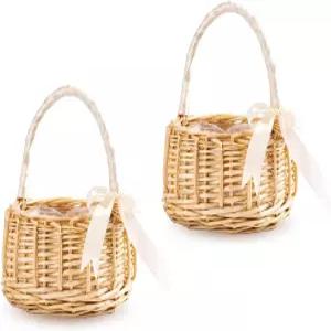 MANYOND 플라워 걸 바스켓 2종 세트 - 러쉬 핸드웨빙 위커 웨딩 새틴 리본 랩 핸들과 더블 라지 레이스