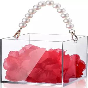 실리파인 결혼식 아크릴 꽃바구니용 투명 꽃 소녀 바구니 1개와 진주 손잡이 홀더 색종이 조각 꽃잎 홈