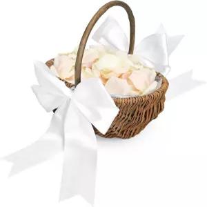 레몬로드 1개 플라워 걸 바구니 위커 라탄 작은 큰 흰색 리본 활과 손잡이가 있는 레트로 장식 손으로 짠