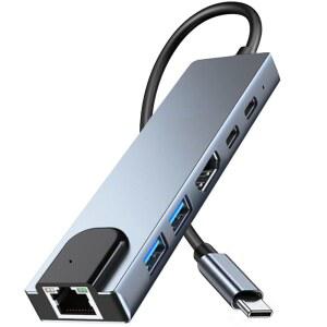 6 in 1 타입 C to HDTV 어댑터, LAN 포트가 있는 USB C 허브, 맥북 시리즈, 크롬북, 노트북, 마우스, 키보드, 플래시 드라이브, 하드 디스크와 호환되는 4K HDMI 출력 USB C 어댑터