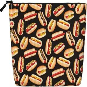 YQxwJL 재미있는 음식 핫도그 프린트 메이크업 파우치 화장품 가방 대용량 캔버스 귀여운 에스테틱