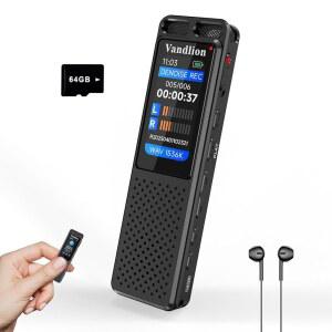 재생 기능이 있는 80GB 음성 활성화 레코더, 소음 감소 Vandlion 1536Kbps HD 디지털 레코딩 장치(녹음 시간 70시간), 강의 회의 인터뷰 수업용 비밀번호