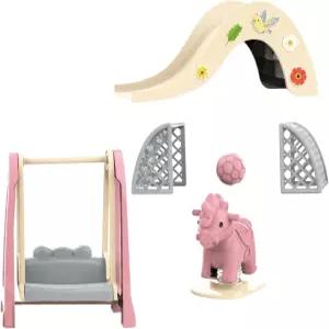 OLEOCA 패밀리 인형의 집 액세서리 - 스윙 앤 슬라이드 흔들기 말 축구 골 스크린 프리 애드온이 포함된