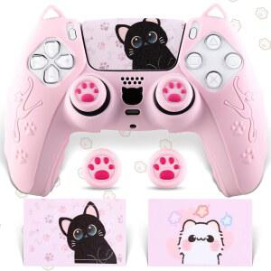 PS5 무선 그립용 실리콘 컨트롤러 커버인 SoAegis 핑크 귀여운 고양이 귀 스킨 세트, 엄지 그립 2개와 카툰 스티커 2개 포함