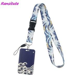 Ransitute R1771 파도 패션 매는 밧줄 ID 배지 홀더 버스 패스 케이스 커버 슬립 은행 신용 카드 스트랩 소