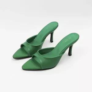 [신난다슈]여성 뮬 슬리퍼 샌들 힐 8cm 여자 스틸레토 하이힐 구두 발편한 토오픈 데일리 LO264953 그린