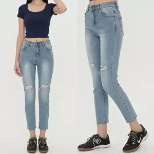 [옷자락]여자 반하이 슬림 일자 컷팅 해짐 크롭 데님