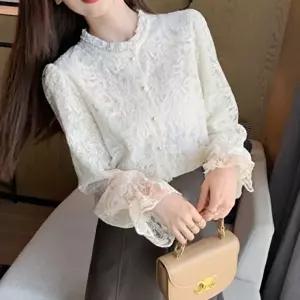 [옷자락]여자 프릴넥 진주 콩단추 레이스 시스루 블라우스