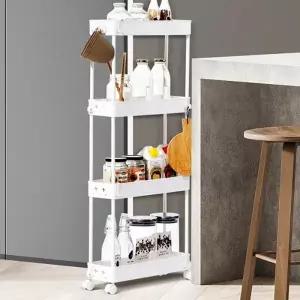 (상품선택 슬림트롤리 4단 화이트)슬림트롤리4단 이동트레이 세탁실수납장 이동식바퀴정리 틈새수납선반