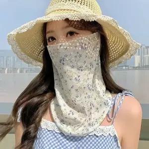 여성 여름 외출 나들이 패션 꽃무늬 쉬폰 소재 베일 귀걸이 마스크