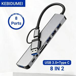 KEBIDUMEI 8 in 2 USB 타입 C 허브 도킹 스테이션 (3.5mm 오디오 잭 어댑터 마이크로 SD 카드 리더 포함)