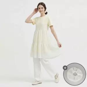 [샵앤] 여성 라운드 반팔 롱티 뜨개 레이스 끈나시 캉캉원피스 세트 SHA-WSET-21167