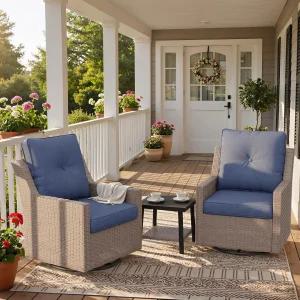 네스트누크 3피스 파티오 가구 세트 야외 회전 의자 2개 사이드 테이블 위커 글라이더 라탄 대화 발코니