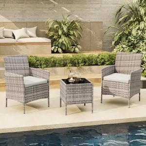 밀룸 3피스 야외 가구 세트 부드러운 쿠션과 강화 유리 커피 테이블이 있는 PE 라탄 위커 의자 - 정원