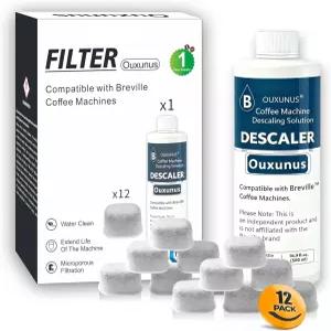우수누스 12팩 BWF100 워터 필터 및 16.9온스 디스칼러 키트 브레빌 커피 머신 연간 유지보수를 위한 4회용