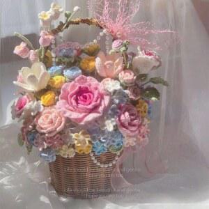 뜨개질꽃다발 꽃뜨기 DIY 꽃다밞만들기 꽃바구니 화분 재료 패키지 완제품 뜨개꽃 바구니 로즈