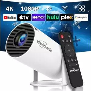 WellSonic 미니 프로젝터 지원 4K Wi-Fi6 및 5.0 블루투스 자동 키스톤 보정 기능 180 회전 가능 HDMI USB