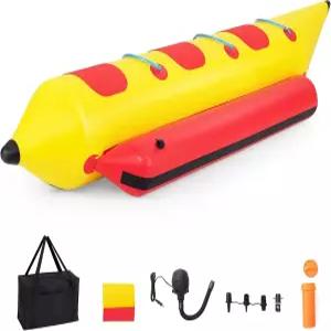 보트용 GYMAX 견인 튜브 1-3인용 풍선 바나나 휴대용 가방 EVA 시트 및 전기 펌프 수상 레크리에이션