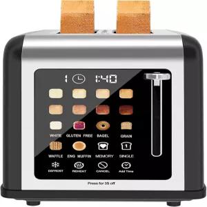 슬라이스 토스터 터치 스크린 2개 스테인리스 스틸 디지털 타이머 베이글용 8가지 그늘 설정 6가지 빵 종류