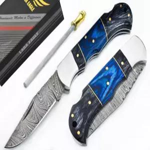 남성용 라라 이글 다마스쿠스 포켓 나이프 - 133겹 솔리드 스틸 핸드메이드 접이식 사냥용 샤프너 및 가죽