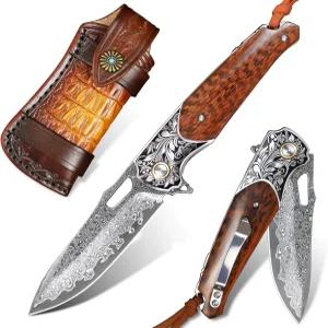 수공예 다마스쿠스 스틸 접이식 포켓 나이프 남녀 가죽 칼집과 클립 카베 꽃잎 패턴 나무 손잡이 야외 캠핑