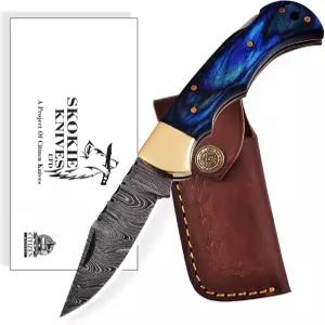 다마스쿠스 스틸 접이식 나이프 - 뼈 손잡이가 있는 고급 포켓 Edc 작은 청소년 전술 톱니 캠핑 남성 사냥