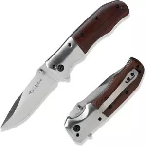 롤쉬 - 나무 손잡이 포켓 나이프 스프링 보조 접이식 스테인리스 스틸 칼날 및 로즈우드 클립 사냥 캠핑