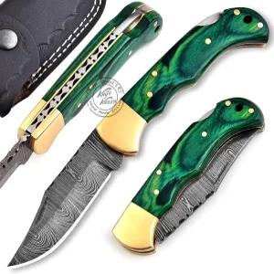 그린 우드 6.5인치 100 수제 다마스쿠스 스틸 접이식 포켓 나이프 사냥용 야외 생존 액세서리 남성용 선물