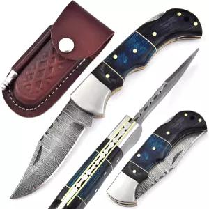 HA 남성용 수제 다마스쿠스 포켓 나이프 - 칼집이 있는 6.5인치 접이식 및 백 잠금이 EDC 캠핑 낚시 하이킹