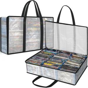 2팩 DVD 보관 가방 휴대용 손잡이가 있는 견고한 투명 CD 정리함 미디어 PS4 게임 VHS 블루 레이 디스크