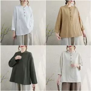 블랙팬서 여성용 가을 린넨 차이나 풀오버 빅사이즈 배색 면마 쟁반 탑형 셔츠 OPH3