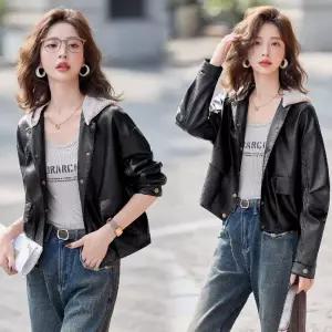타노스가을 봄 여자 상의 코트 초 탈부착 자켓 슬림핏 쇼트 후드 데일리룩 점퍼 가죽 KUK3