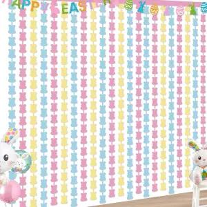 부활절 장식 호일 프린지 커튼 2팩 3.3 X 6.6 피트 핑크 옐로우 블루 토끼 틴셀 배경 사진 부스 소품
