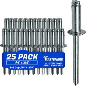 파스테니어 팝 리벳 - 1/4 x 3/8 25개 헤비 듀티 오픈 엔드 저탄소강 아연 돔 헤드 블라인드 내식성 및