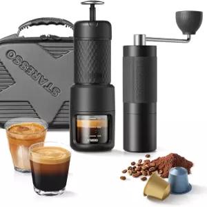 STARSO 2026 여행 키트 휴대용 에스프레소 메이커 그라인더 세트 그라운드 커피 포드용 이중 사용 전원