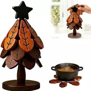 뜨거운 요리를 위한 나무 트리벳 - 호두나무 3그루 크리스마스 트리 스타일 접이식 세트 1그루 모양 냄비
