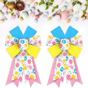 2개의 부활절 화환 인사말 장식 달걀 옐로우 블루 핑크 삼베 리본 트리 토퍼 당일 가정용 실내 용품