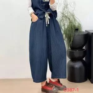 EAMT 데님 여성용 빈티지 스트라이프 세트 베스트+스트링 허리 민소매 정장세트 더블 카디건 9부 EUNG1