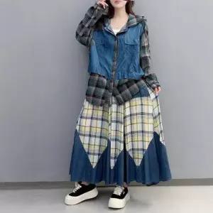 EAMT 치마 청 여성용 빈티지 긴팔 배색 후드 상의+밴딩 세트 체크 정장세트 EUNG1