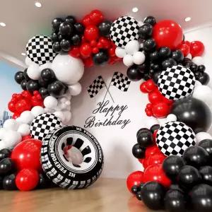 PTGOLUO 경주용 자동차 풍선 아치 갈랜드 키트 154개 크기 타이어 깃발 체크무늬 검정 빨간색 흰색